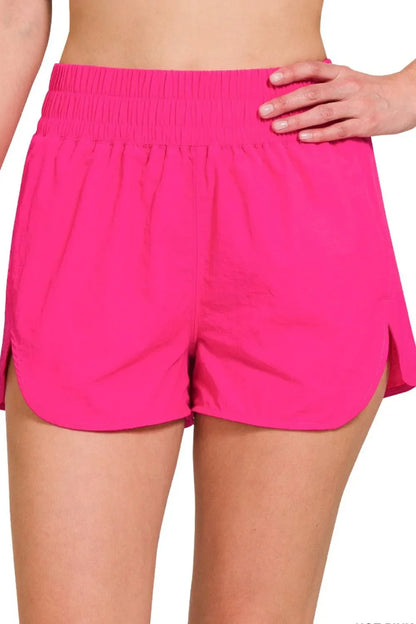 Zenana Windbreaker Smocked Waistband Running Shorts in Pink