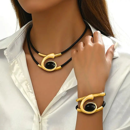 Modern Elegance Black and Silver Leather Choker and Bracelet Combo