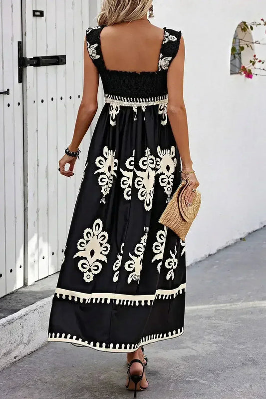 Black Boho Print Smocked Ruffle Sleeveless Maxi Dress