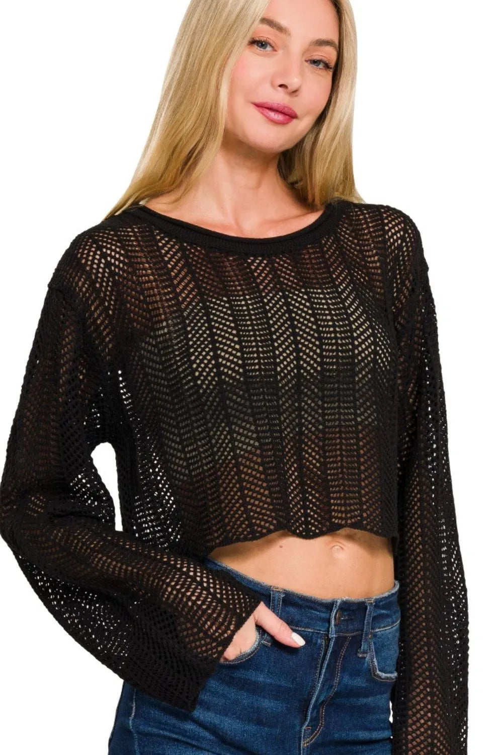 Zenana Open Knit Cropped Sweater