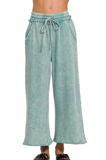 Zenana Washed French Terry Palazzo With Pockets in Ash Blue