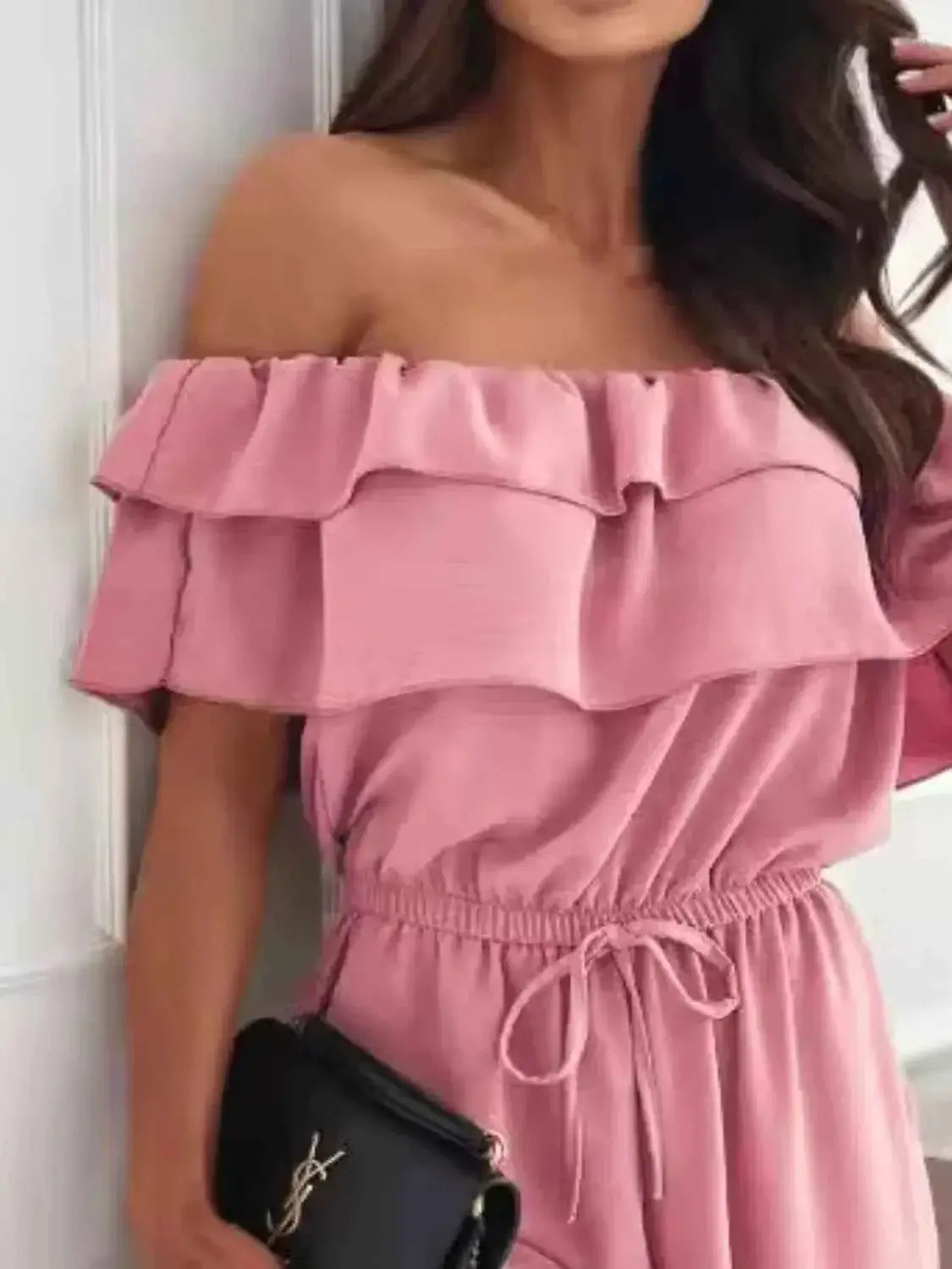 Wide Leg Jumpsuit - Off-Shoulder Ruffled Jumpsuit