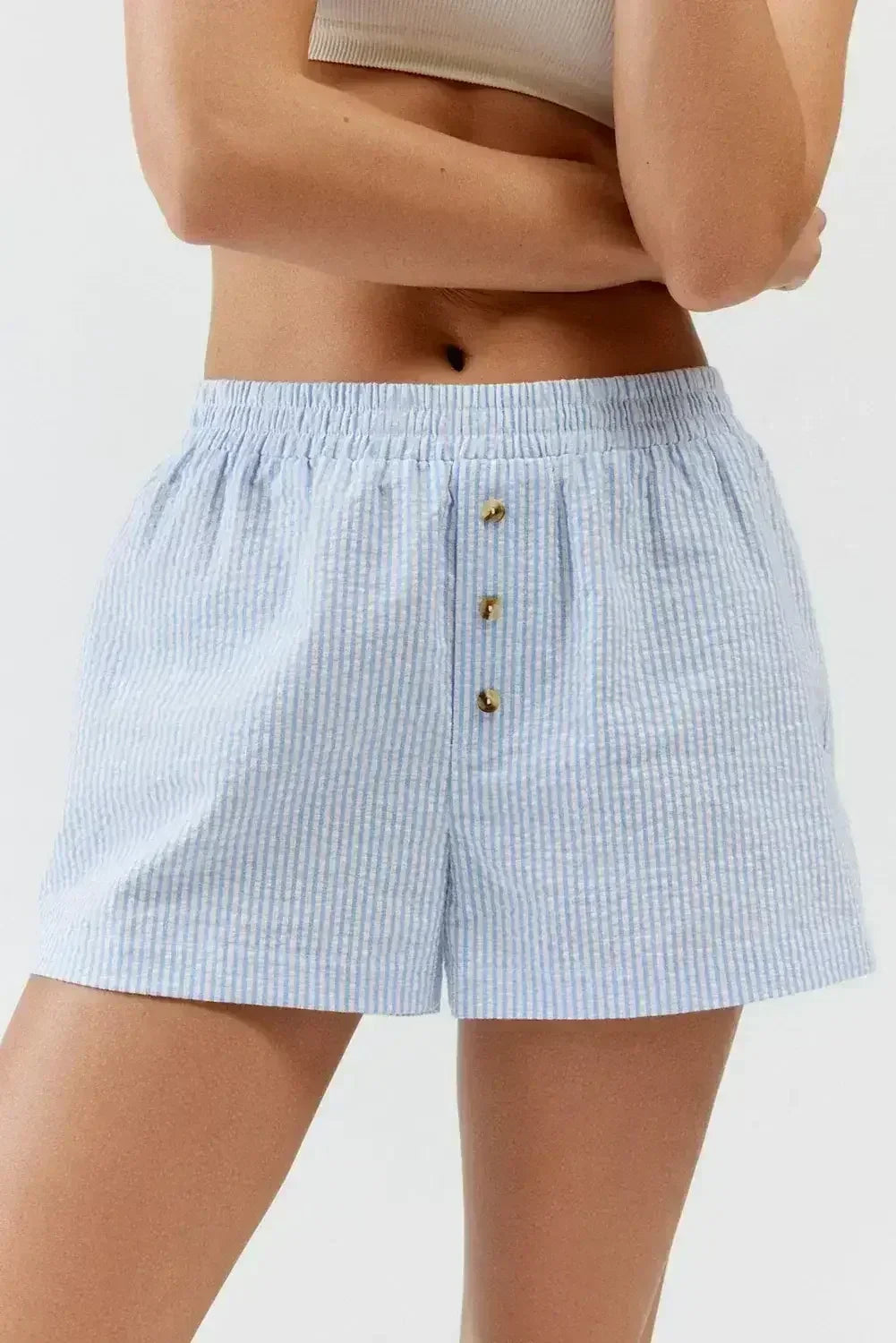 Sky Blue Stripe Button Casual Commuter Shorts