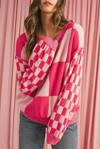 Rose Red Checkered Drop Sleeve Knit Sweater