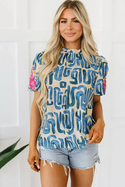 Beige Embroidered Puff Sleeve Frilled Neck Printed Top | Femstylo
