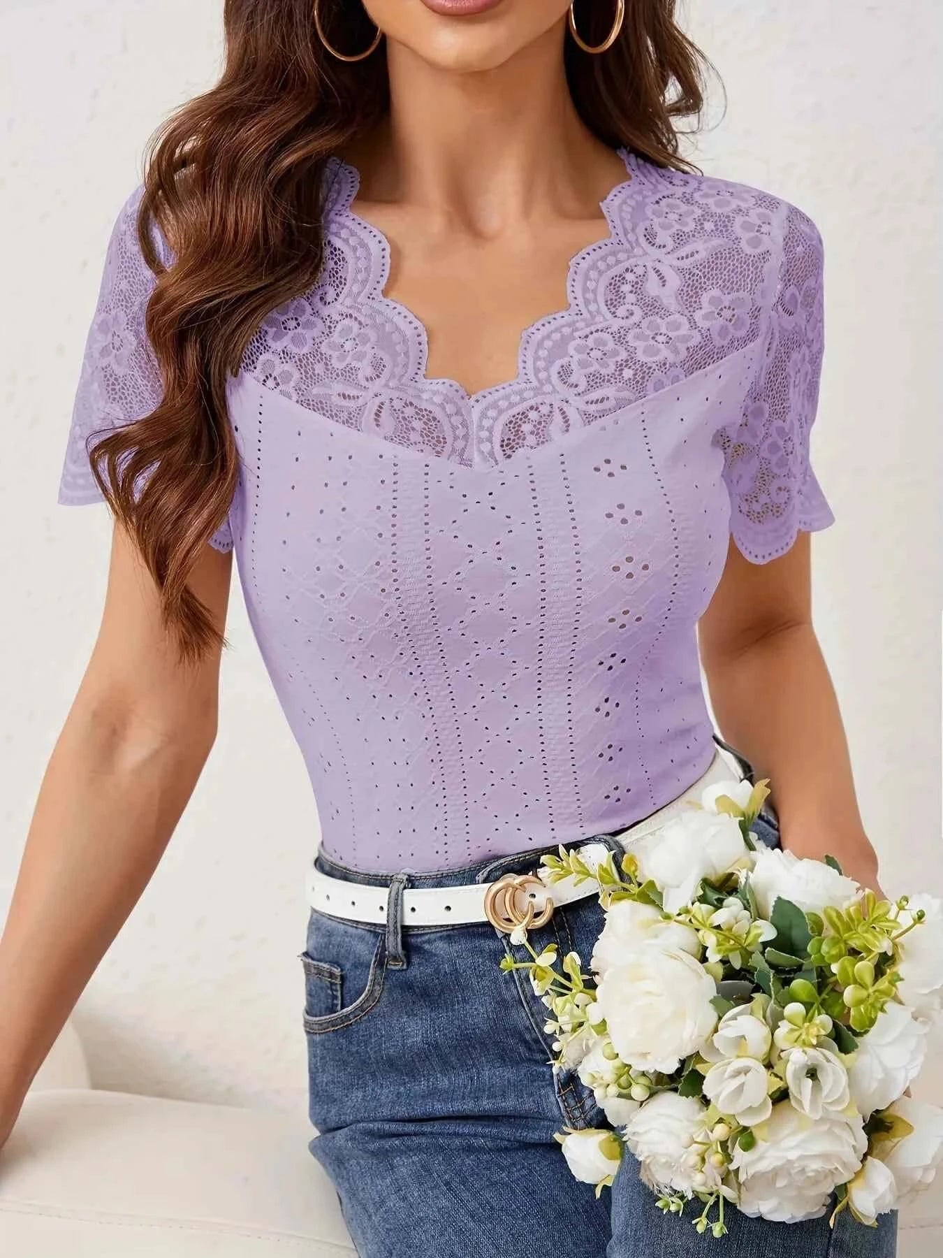 Lace Trim Eyelet Embroidered Summer T Shirt