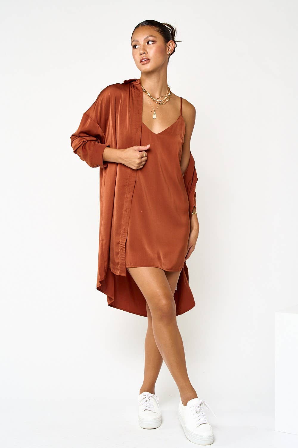 Satin Slip-On Dress and Shirt Set in Cognac [Sizes SM-L]