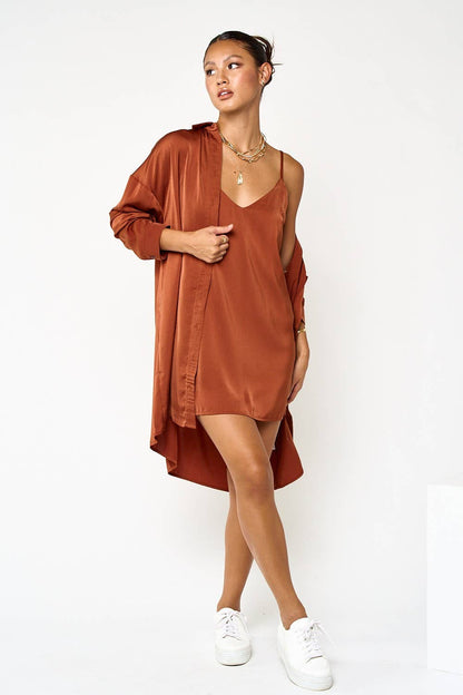 Satin Slip-On Dress and Shirt Set in Cognac [Sizes SM-L]