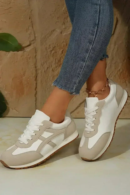 Oatmeal Contrast Sneakers - PU Leather Lace-Ups - Wholesale Neutral Kicks