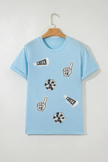 Light Blue Cheer Game Day Element Sequin Patched T Shirt