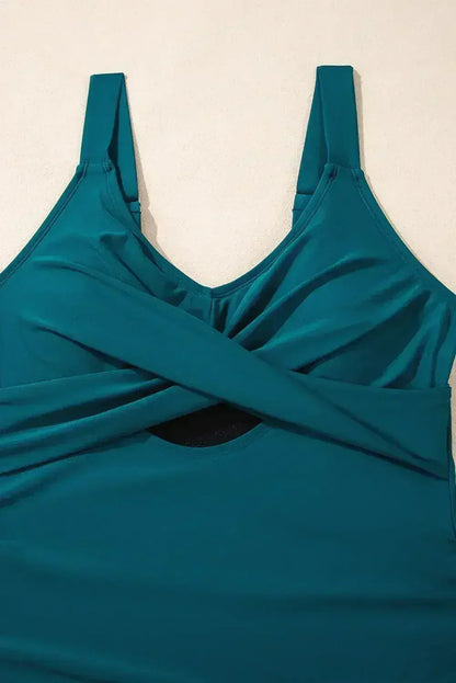 Navy Blue Adjustable Straps Cutout Ruched Knot Slit One Piece Swim Dress