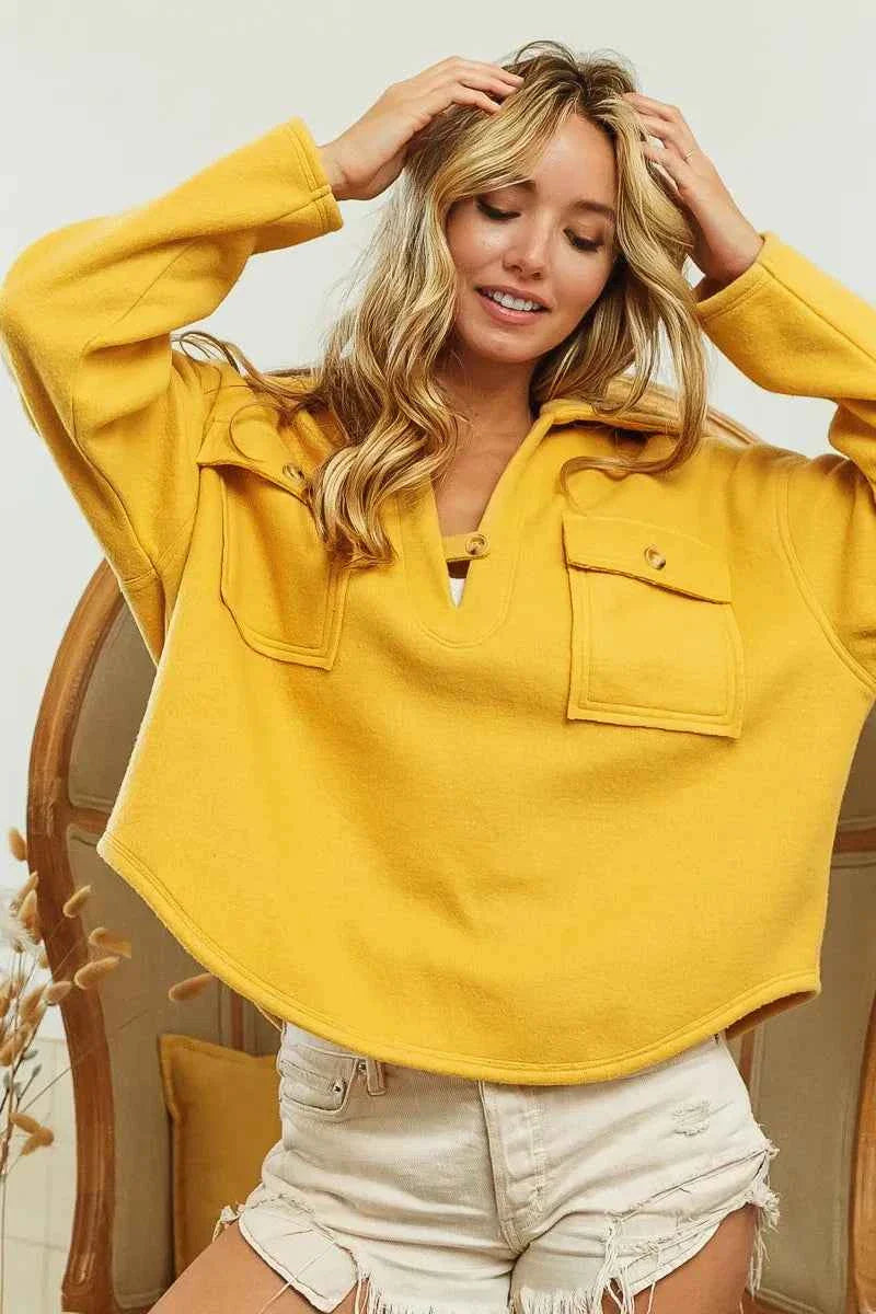BiBi Fleece Collared Sweatshirt with Flap Pockets for Women