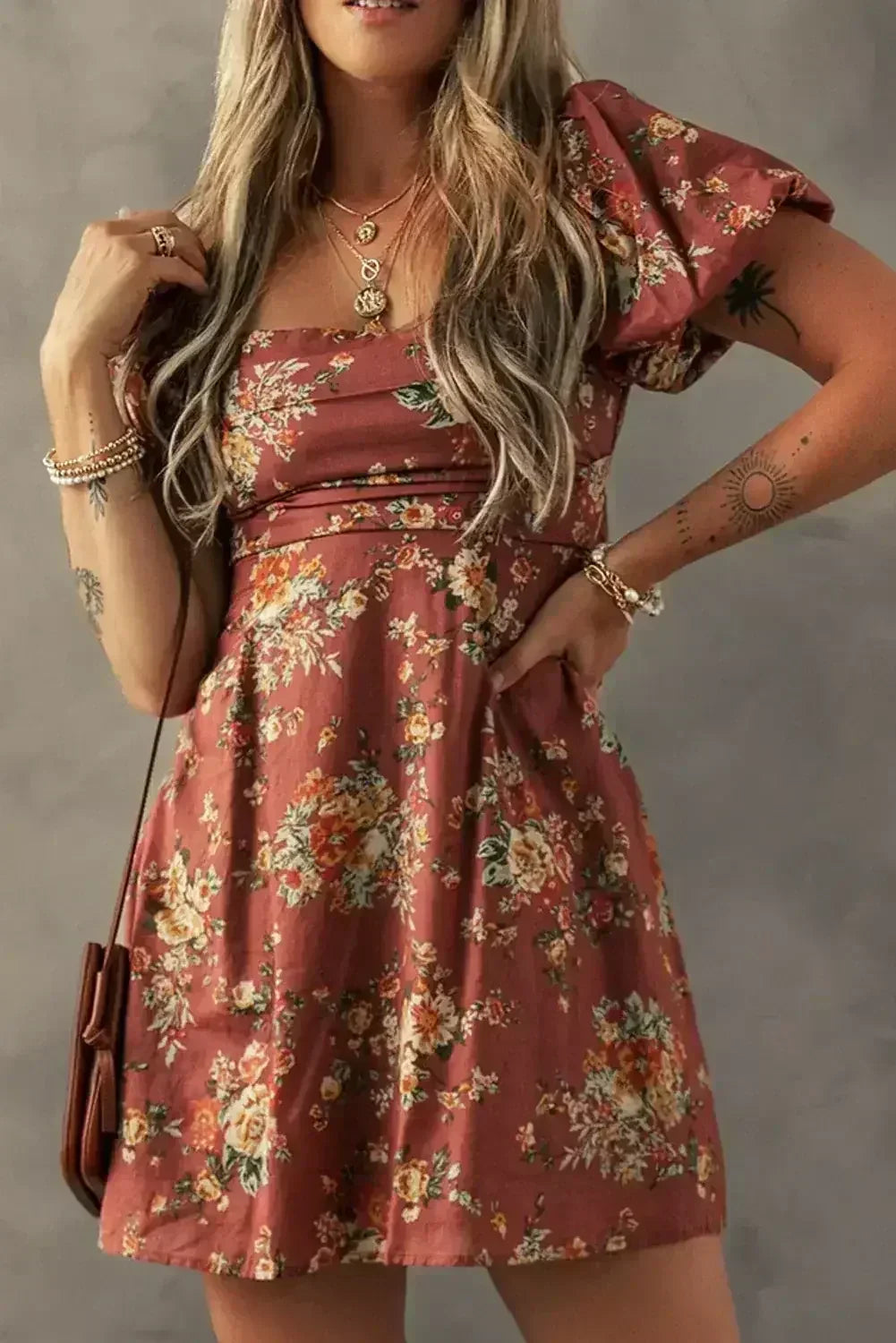 Red Floral Puff Sleeve Square Neck Knot Open Back Mini Dress