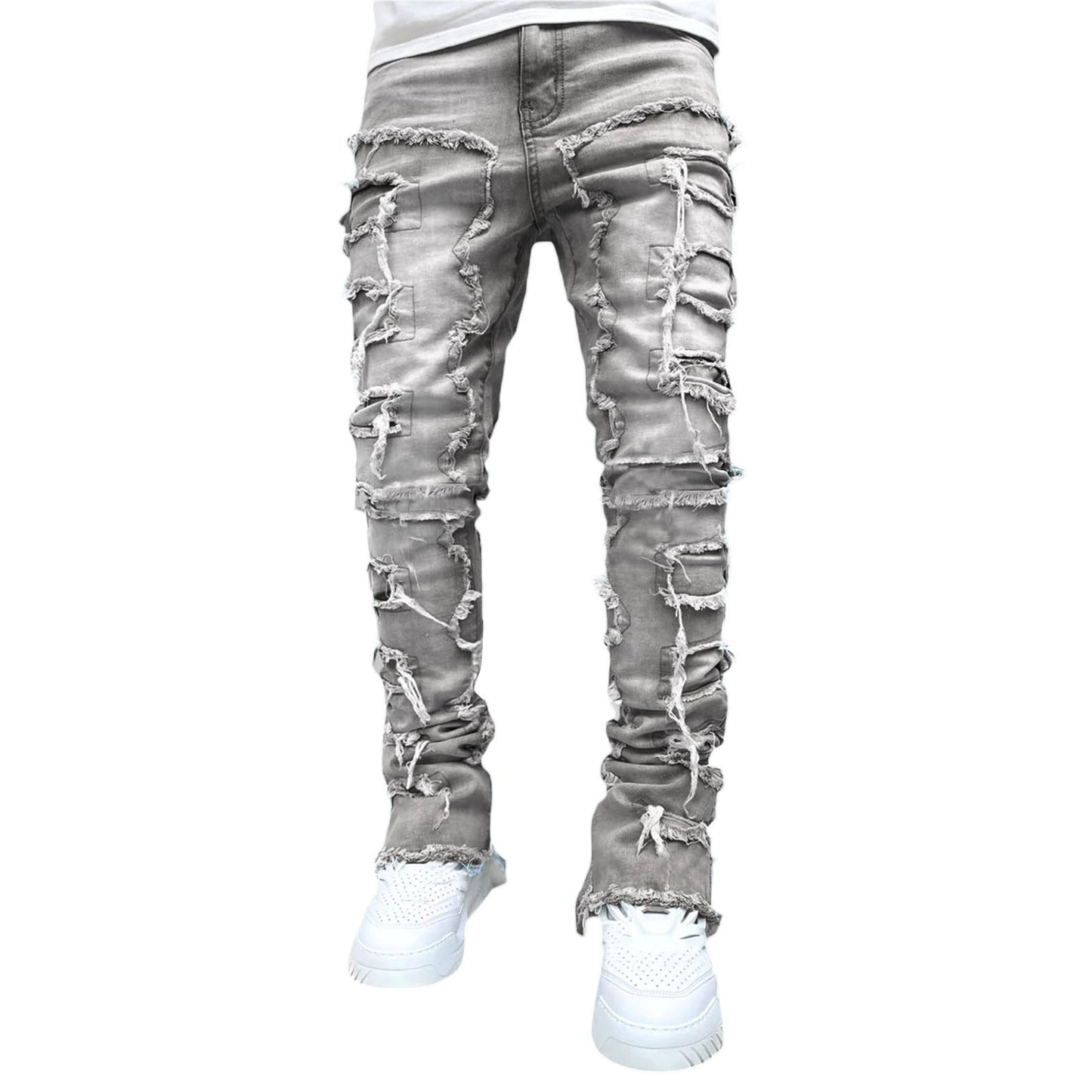 Patched Pants Long Tight Fit Stacked Jeans