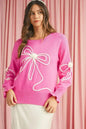 Bright Pink Sweet Bow Pattern Drop Sleeve Knit Sweater