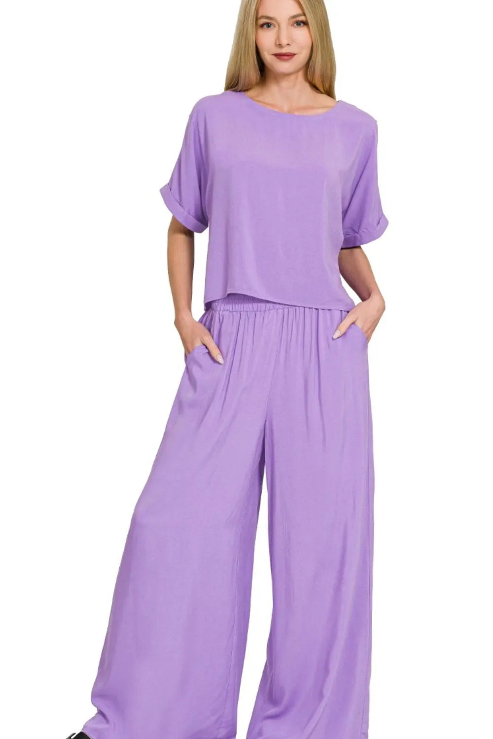 Zenana Round Neck T-Shirt and Wide Leg Pants Set - Lavender