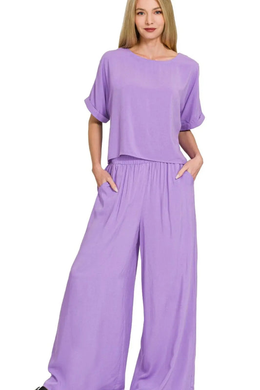 Zenana Round Neck T-Shirt and Wide Leg Pants Set - Lavender