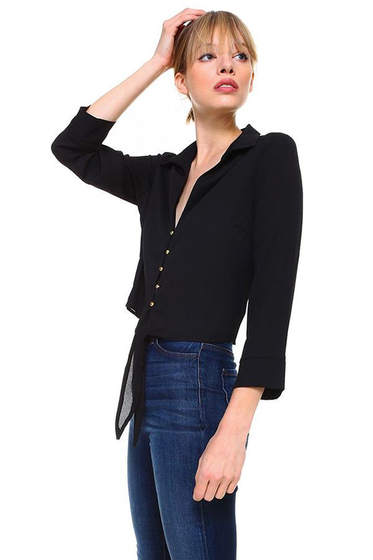 Solid Button Down Tie Front Blouse | Apparel | Kitchen + Metal