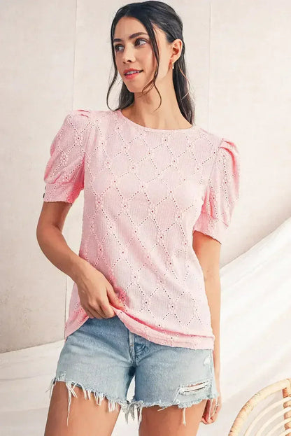 White Embroidered Floral Geometric Button Short Sleeve Top | Femstylo