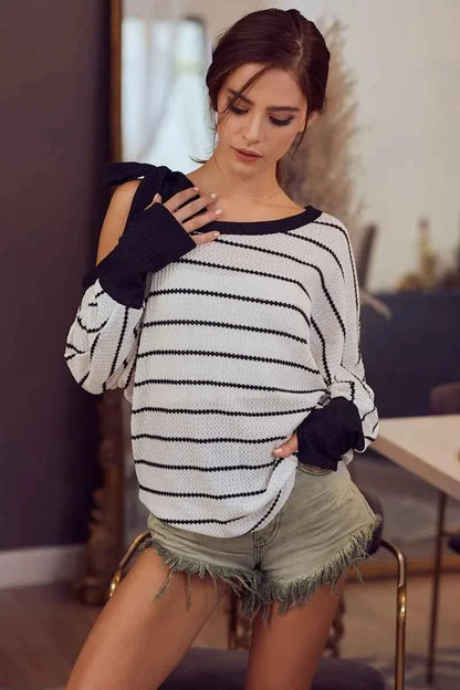 BiBi Stripe Yarn Dye Waffle One Shoulder Women's Top with Ribbon Detail