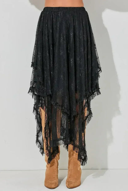 Beige Lace Cascading Tiered High Waist Maxi Skirt