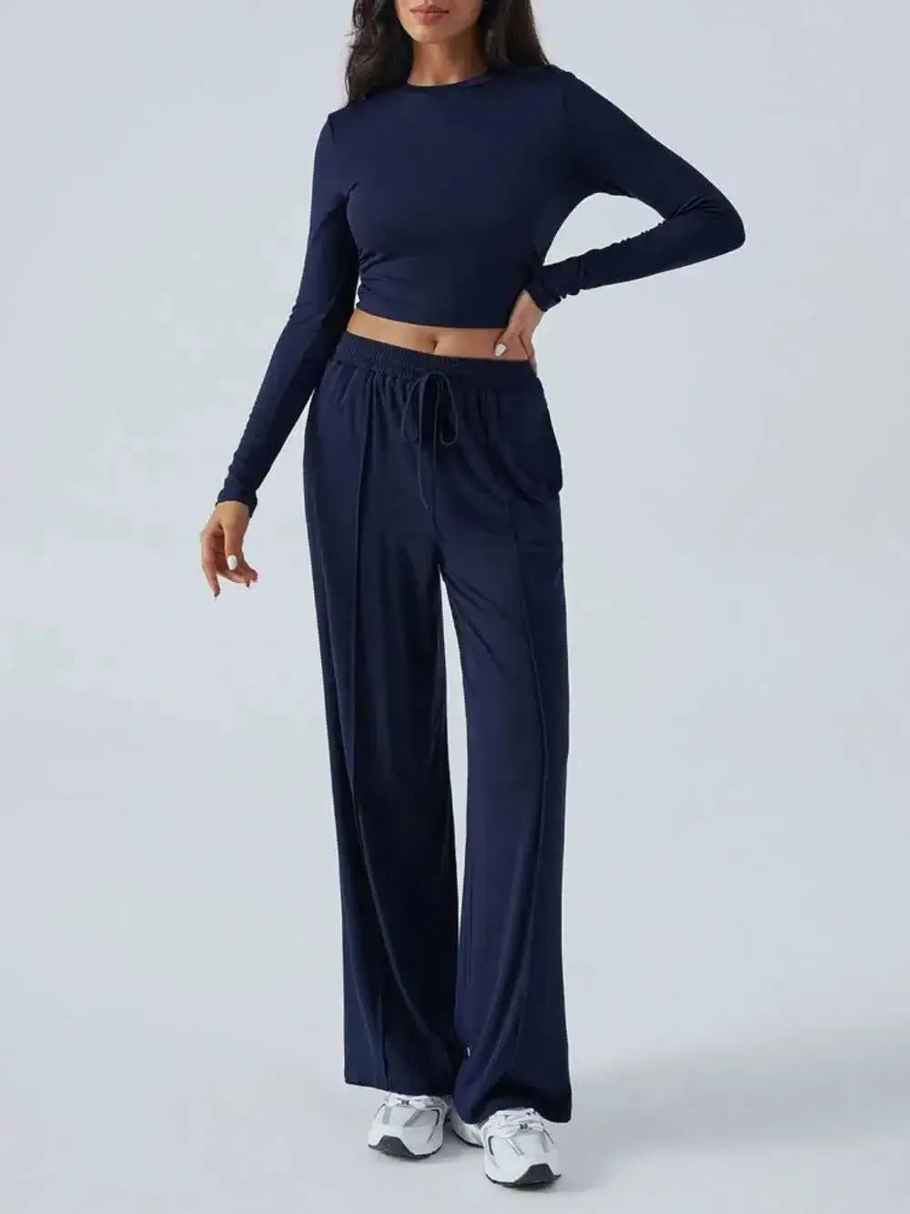 Round Neck Long Sleeve Crop Top and Pants Set