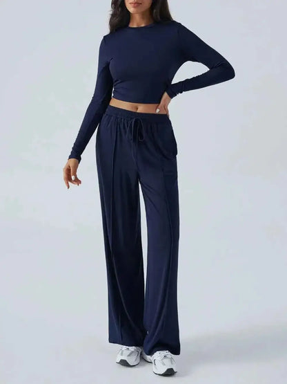 Round Neck Long Sleeve Crop Top and Pants Set