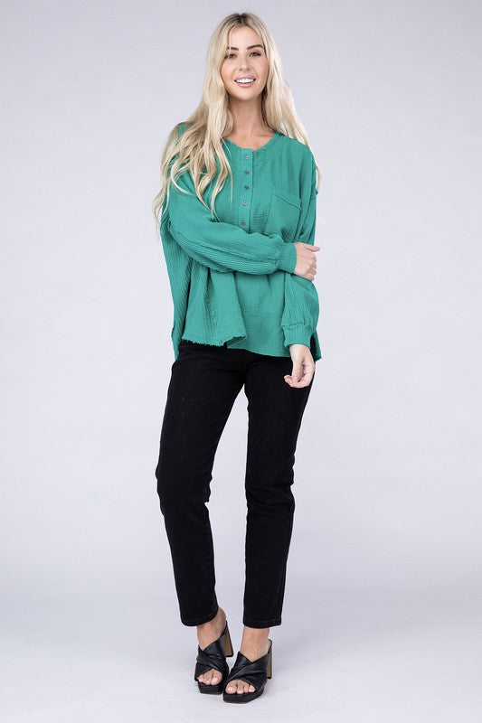 ZENANA Double Gauze Oversized 3/4 Button Henley Neck Top