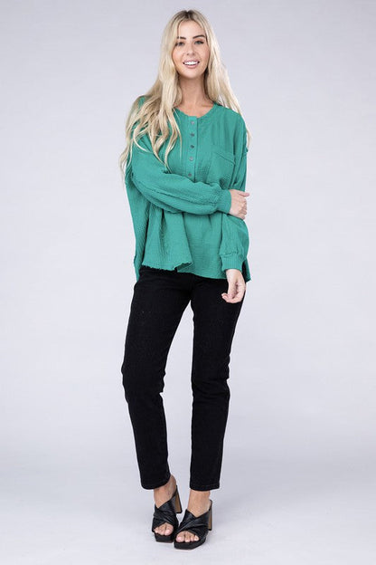 ZENANA Double Gauze Oversized 3/4 Button Henley Neck Top