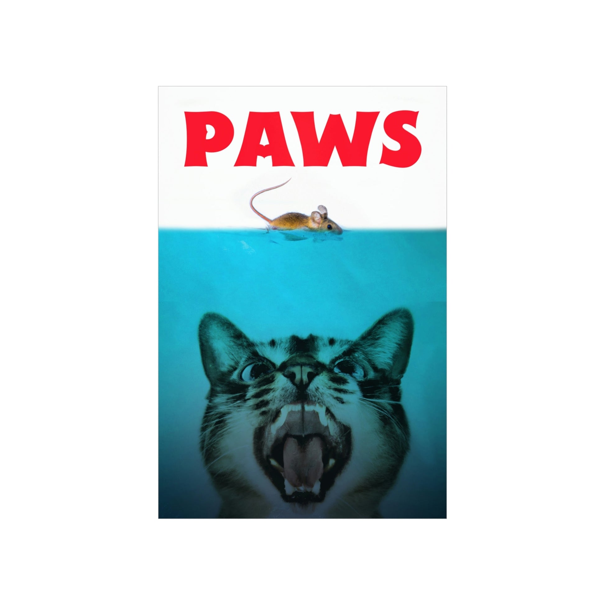 Poster of a cat underwater with a mouse and 'PAWS' text above.