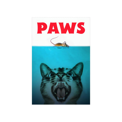 Poster of a cat underwater with a mouse and 'PAWS' text above.