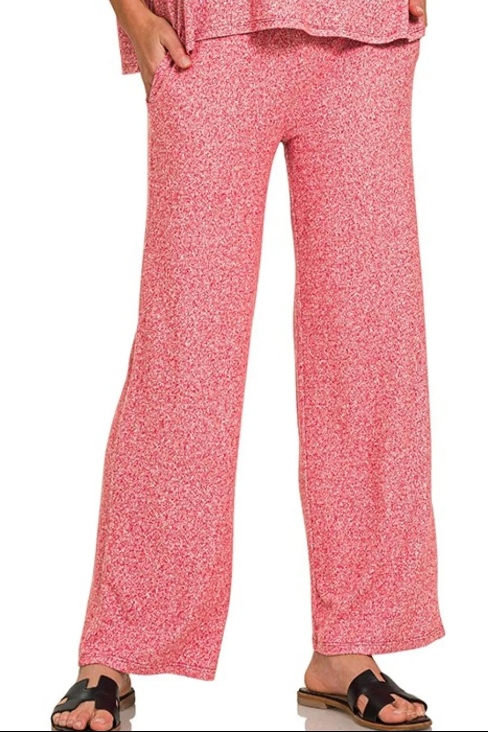 Zenana Soft Melange Short Sleeve Tee & Long Pants Set in Red