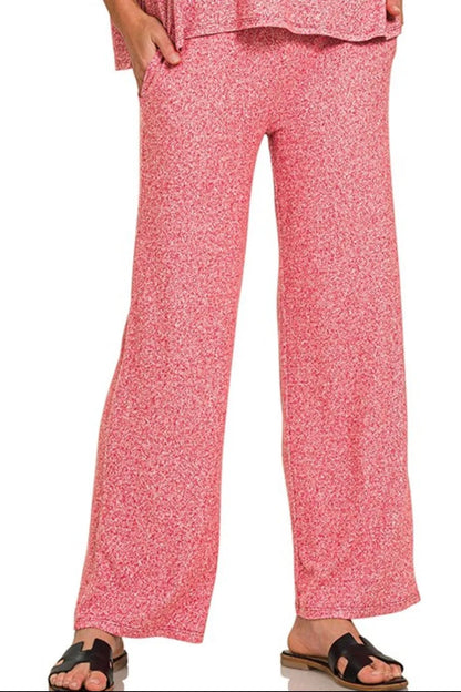Zenana Soft Melange Short Sleeve Tee & Long Pants Set in Red