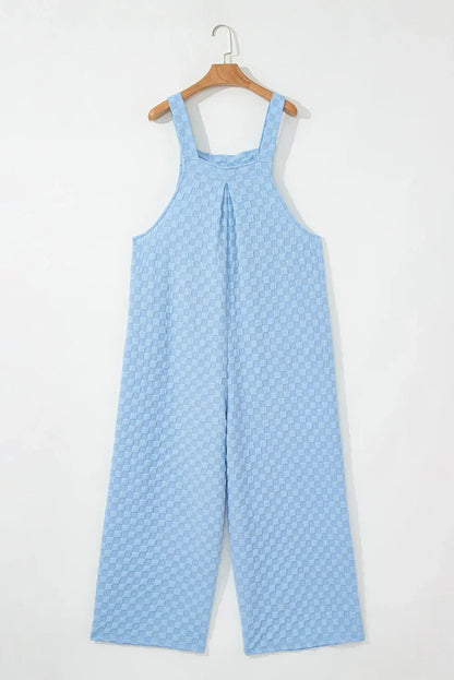 Beige Checkered Pocket High Waist Wide Leg Overall