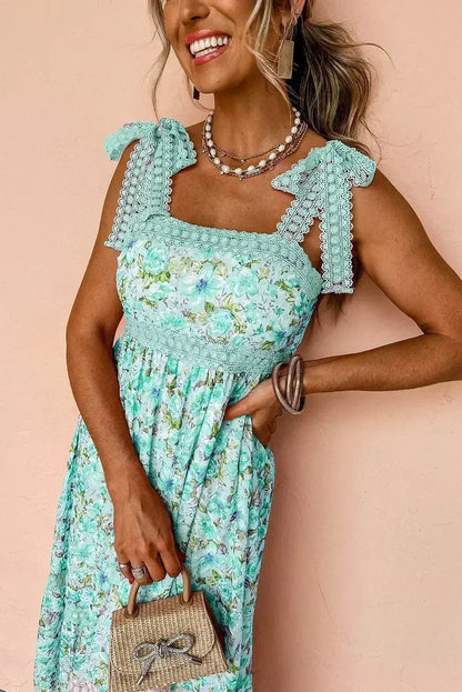 Green Floral Lace Tied Strap Empire Waist Maxi Dress