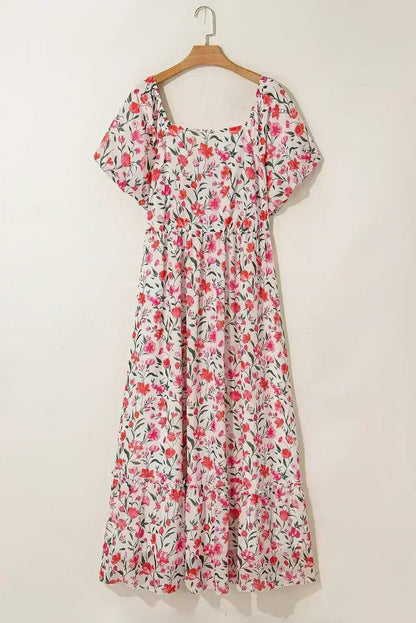 Pink Plus Size Floral Square Neck Puff Sleeve Ruffle Maxi Dress