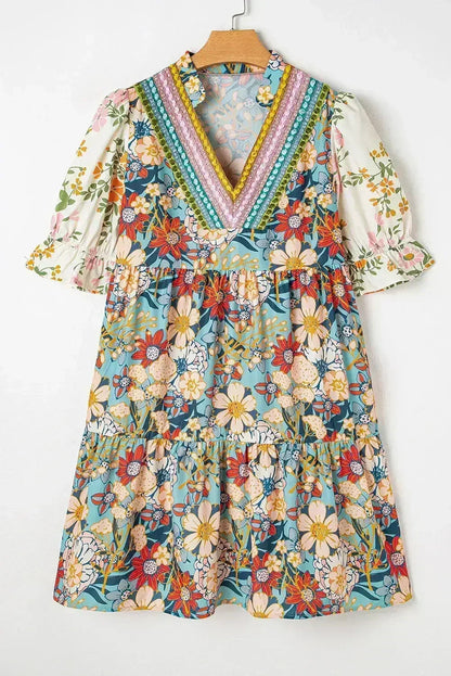 Multicolor Allover Floral Print Tiered Pop of Color Neckline Dress