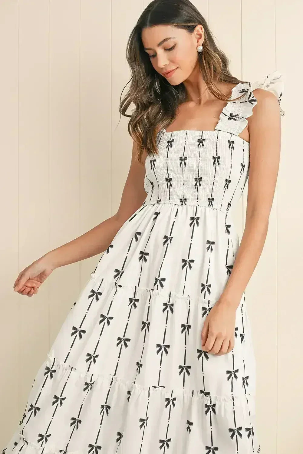 Black Bow Print Smocked Ruffle High Waist Maxi Dress