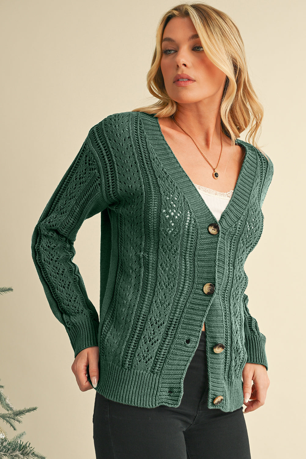 Dark Khaki Cardigan - Hollow Knit Drop Shoulder Style