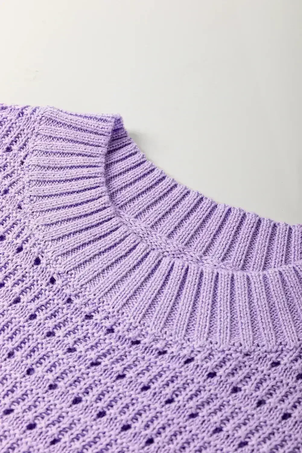 Lavendula Solid Color Ribbed Trim Pointelle Knit Top