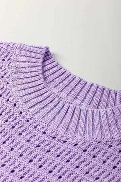 Lavendula Solid Color Ribbed Trim Pointelle Knit Top
