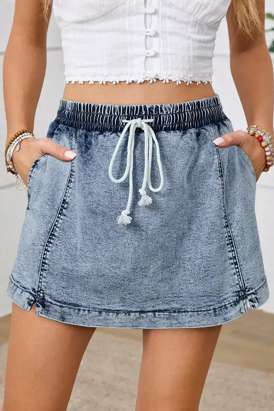 Dusk Blue Drawstring High Waist Pocketed Denim Shorts