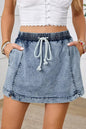 Dusk Blue Drawstring High Waist Pocketed Denim Shorts
