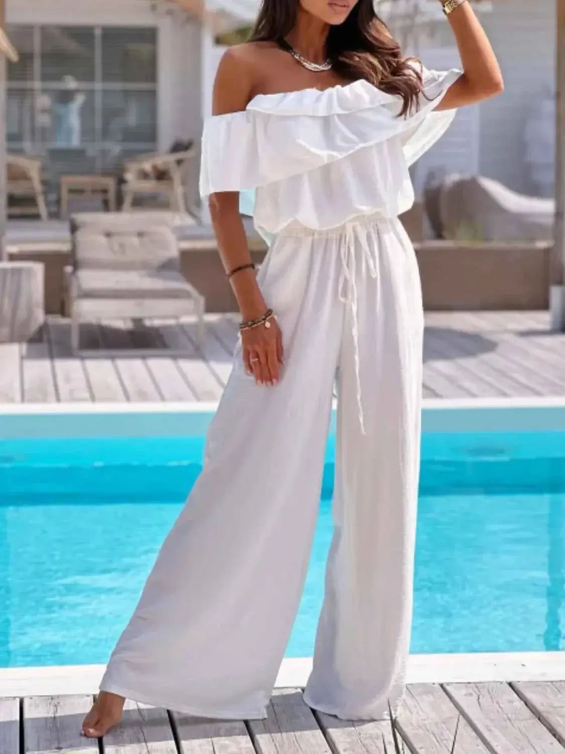 Wide Leg Jumpsuit - Off-Shoulder Ruffled Jumpsuit