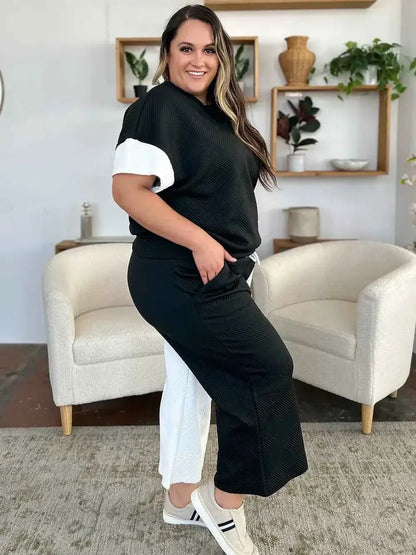 Plus Size Contrast T-Shirt and Wide Leg Pants Set