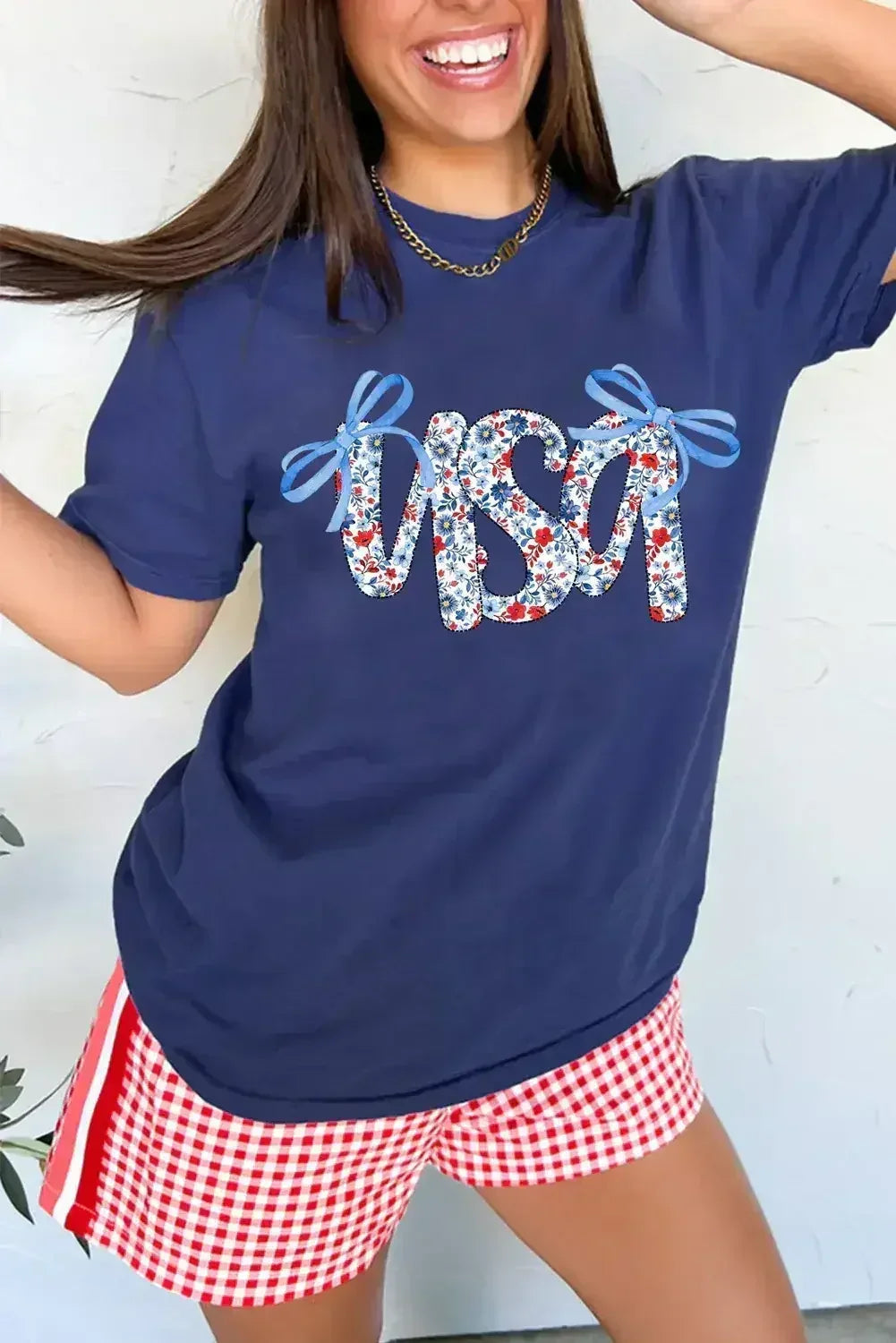 Blue Bow Floral usa Letter Print Independence Day Graphic T Shirt