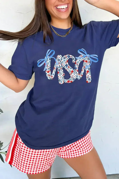 Blue Bow Floral usa Letter Print Independence Day Graphic T Shirt