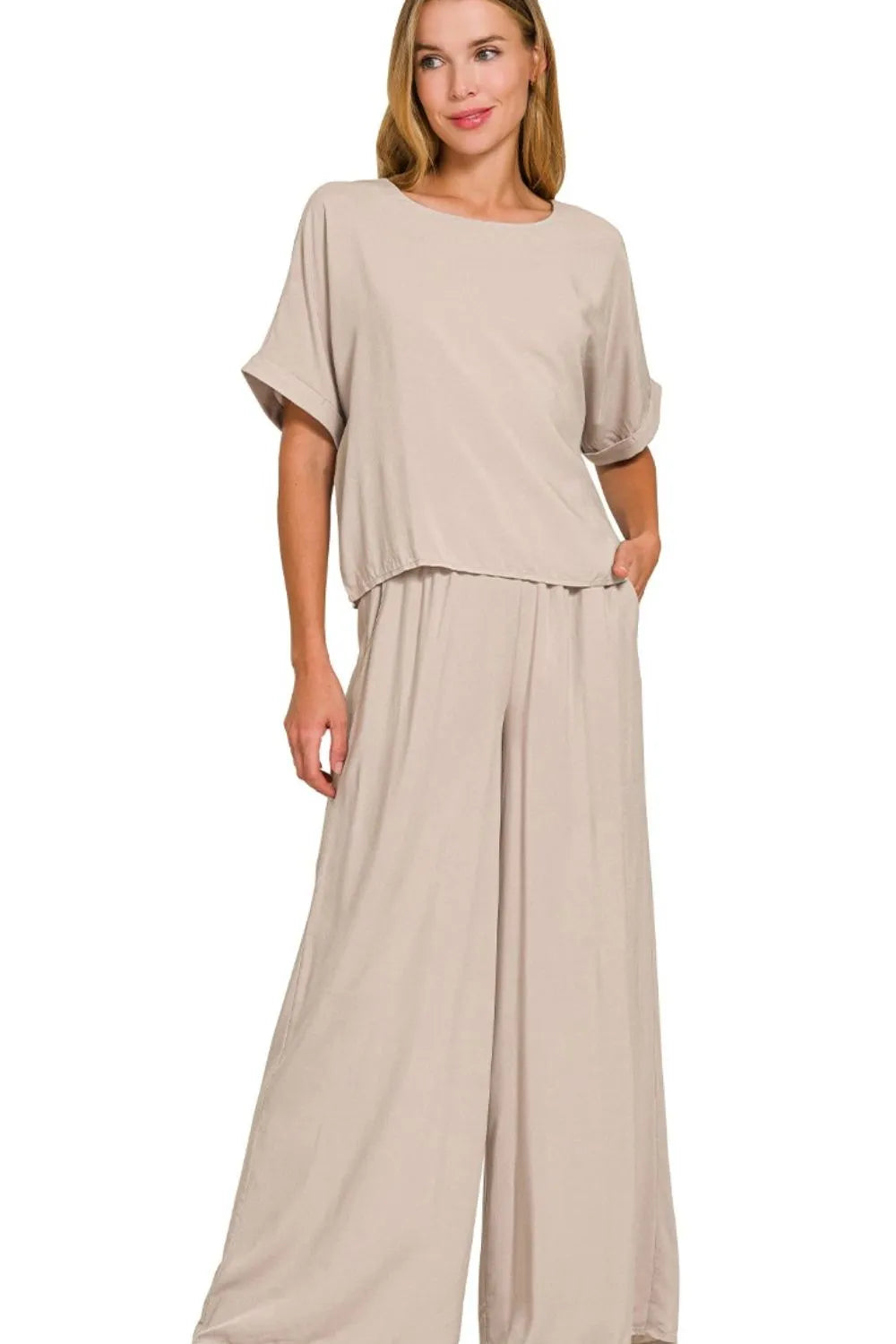 Zenana Round Neck T-Shirt and Wide Leg Pants Set in Mocha