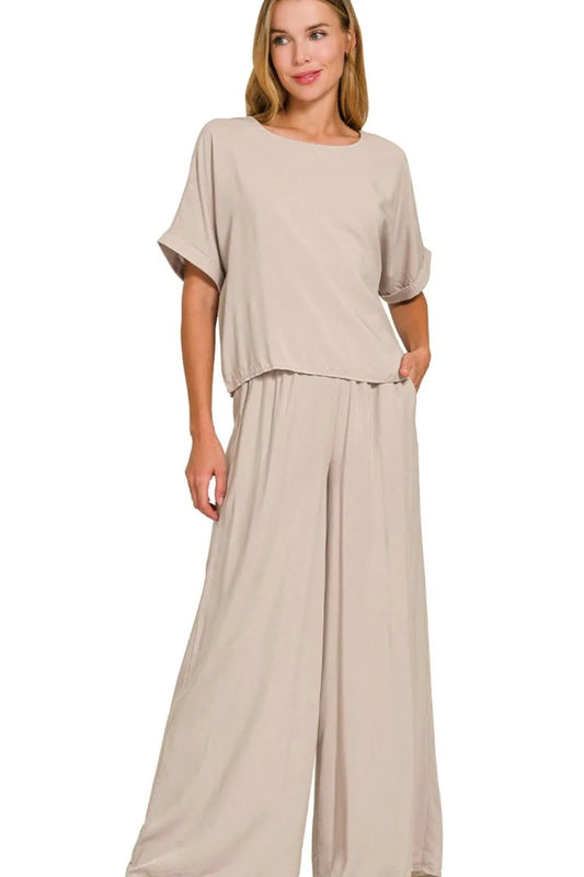 Zenana Round Neck T-Shirt and Wide Leg Pants Set in Mocha