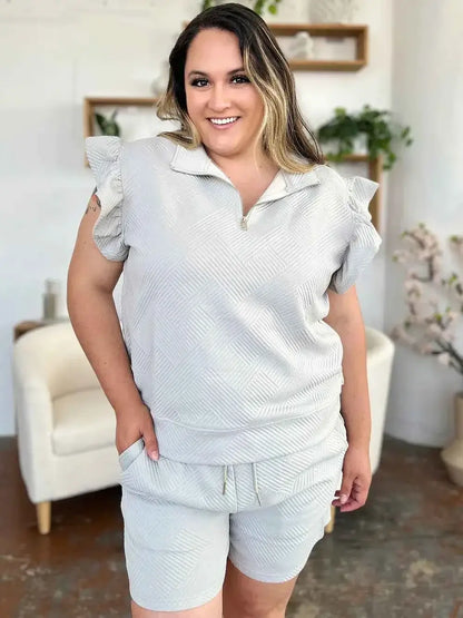 Plus Size Flounce Sleeve 2 piece top and shorts set